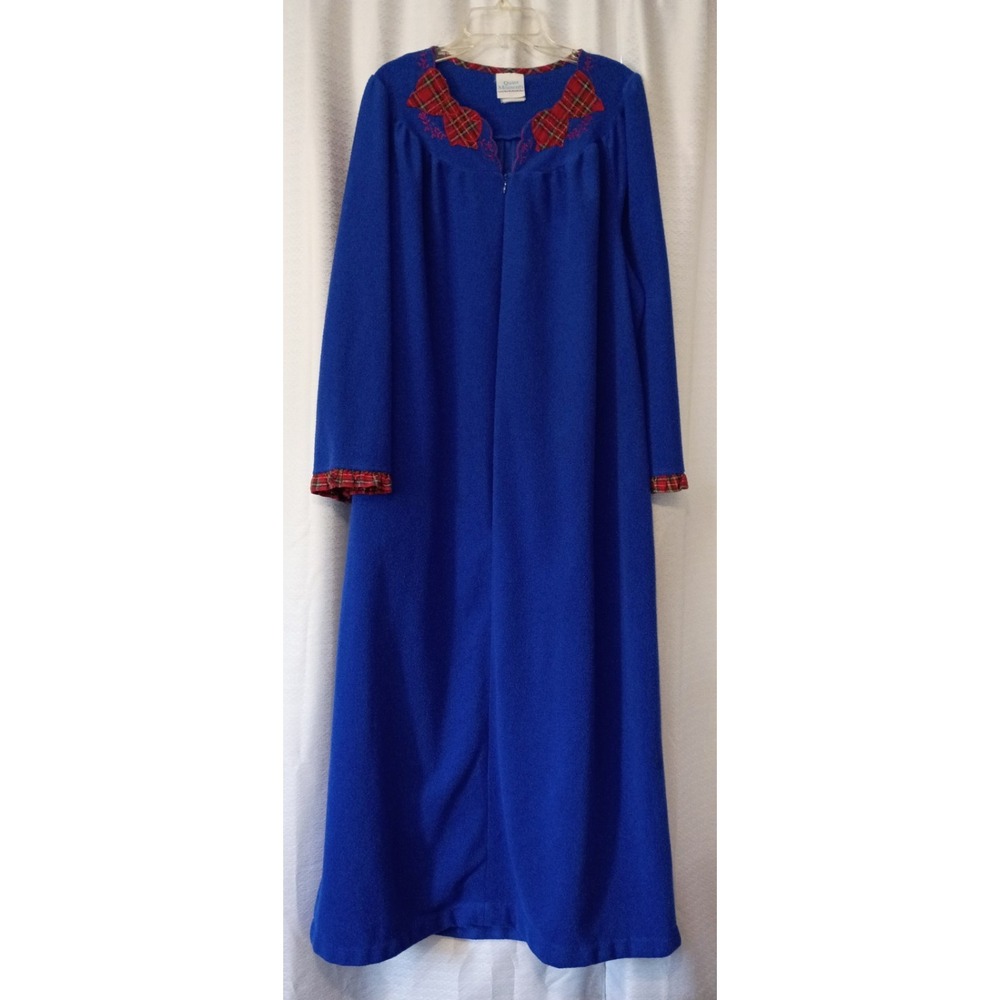 Women's Quiet Moments Fleece Housecoat Robe Gown, Warm Cozy Blue/Red 3/4 Sleeve